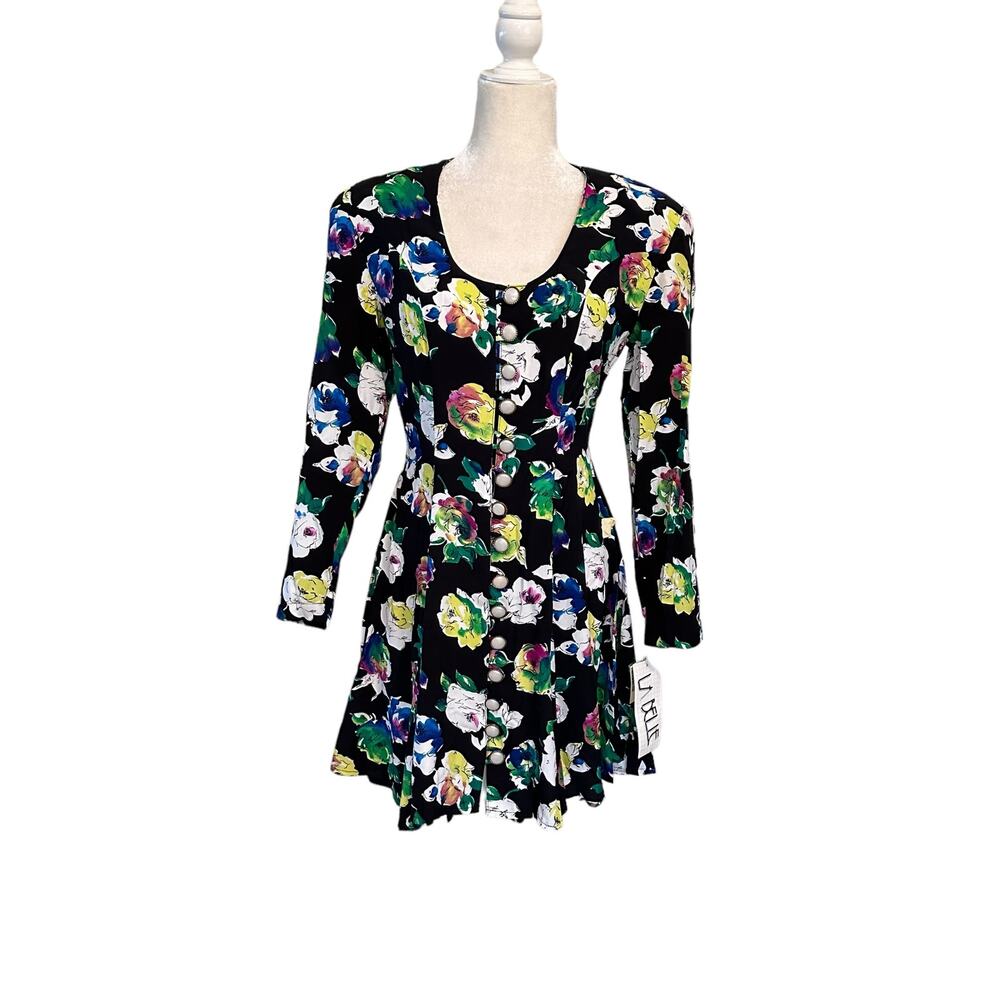 Vtg NWT 80s 90s Watercolor Rose Mini Dress Size 3/4 Small by La Belle Rayon